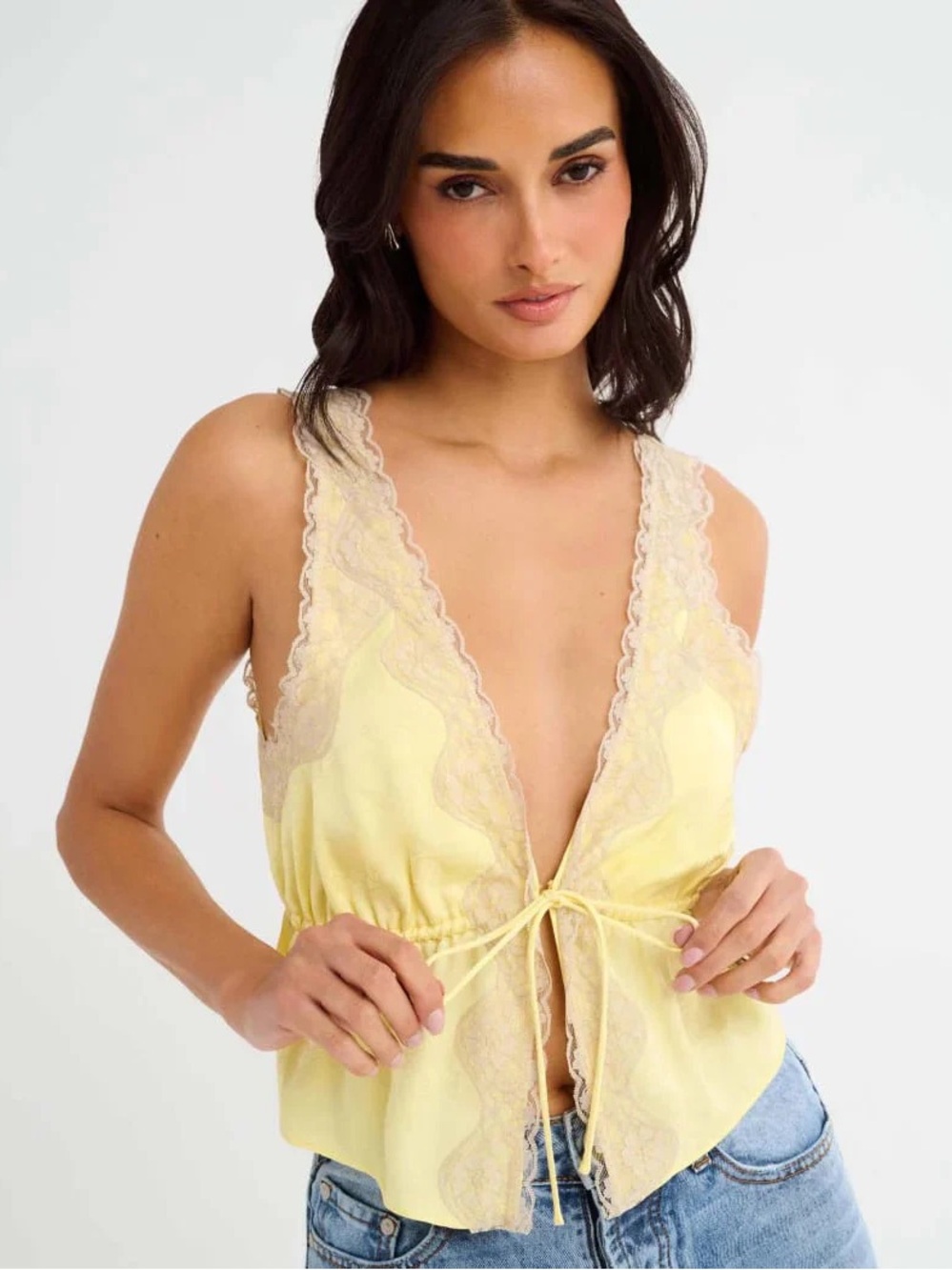 Rumored Yellow Lace-Trim Tie-Front Camisole